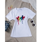 Lovely Casual O Neck Nail Polish Print White T-shi