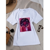 Lovely Casual O Neck Portrait Print White T-shirt