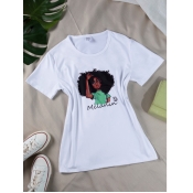 Lovely Casual O Neck Portrait Letter Print White T