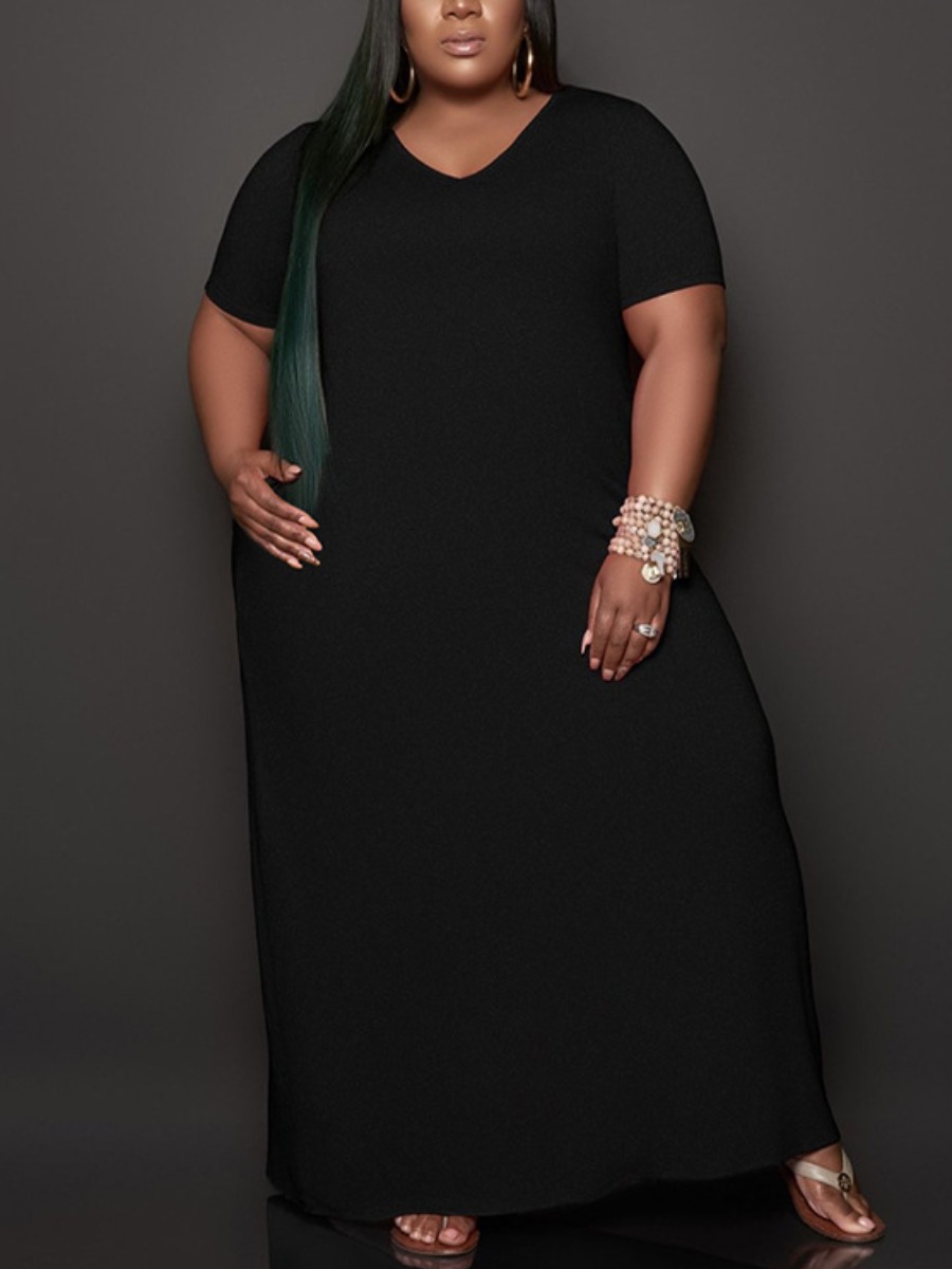 

Lovely Plus Size Casual V Neck Loose Black Ankle Length Dress