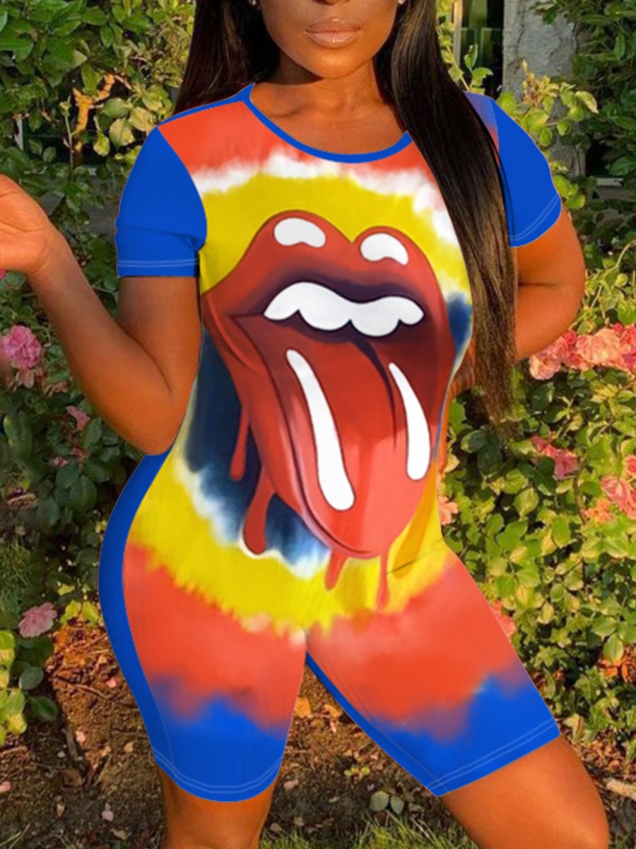 

Lovely Street Lip Print Tie-dye Blue One-piece Romper