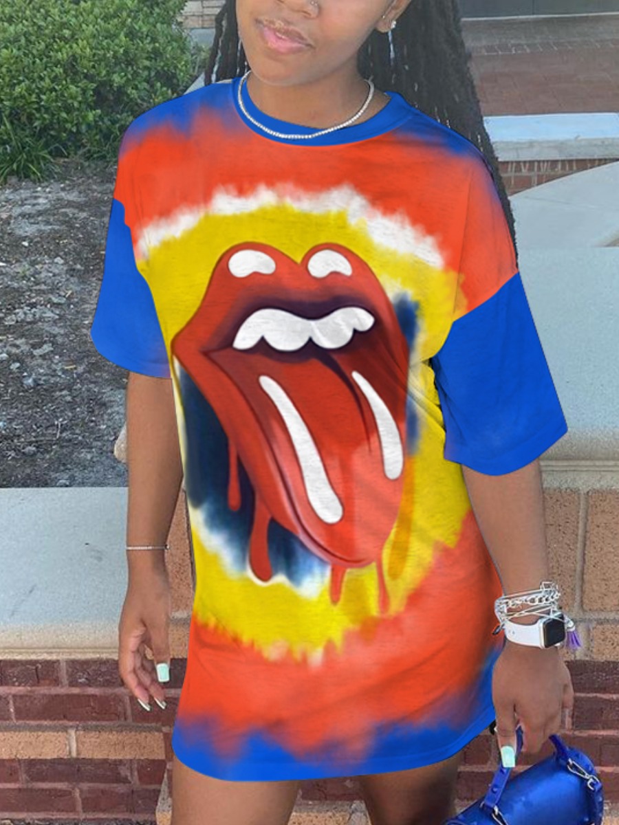 

Lovely Street Lip Print Tie-dye Blue Mini Dress