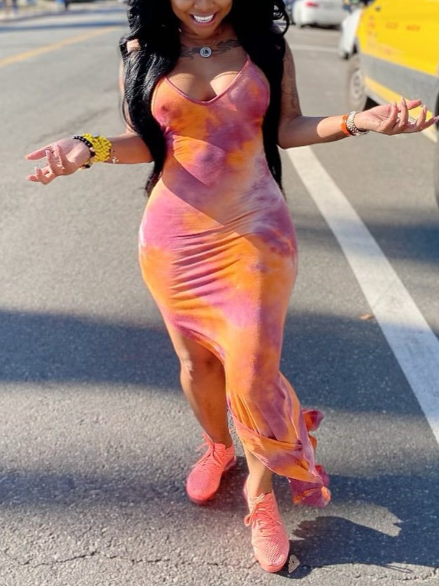 

Lovely Casual Tie-dye Asymmetrical Multicolor Ankle Length Dress, Multi