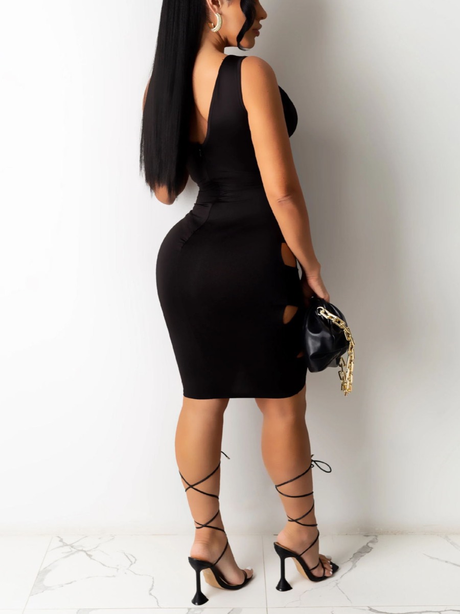 LW SXY Bandage Hollow-out Design Black Knee Length Dress