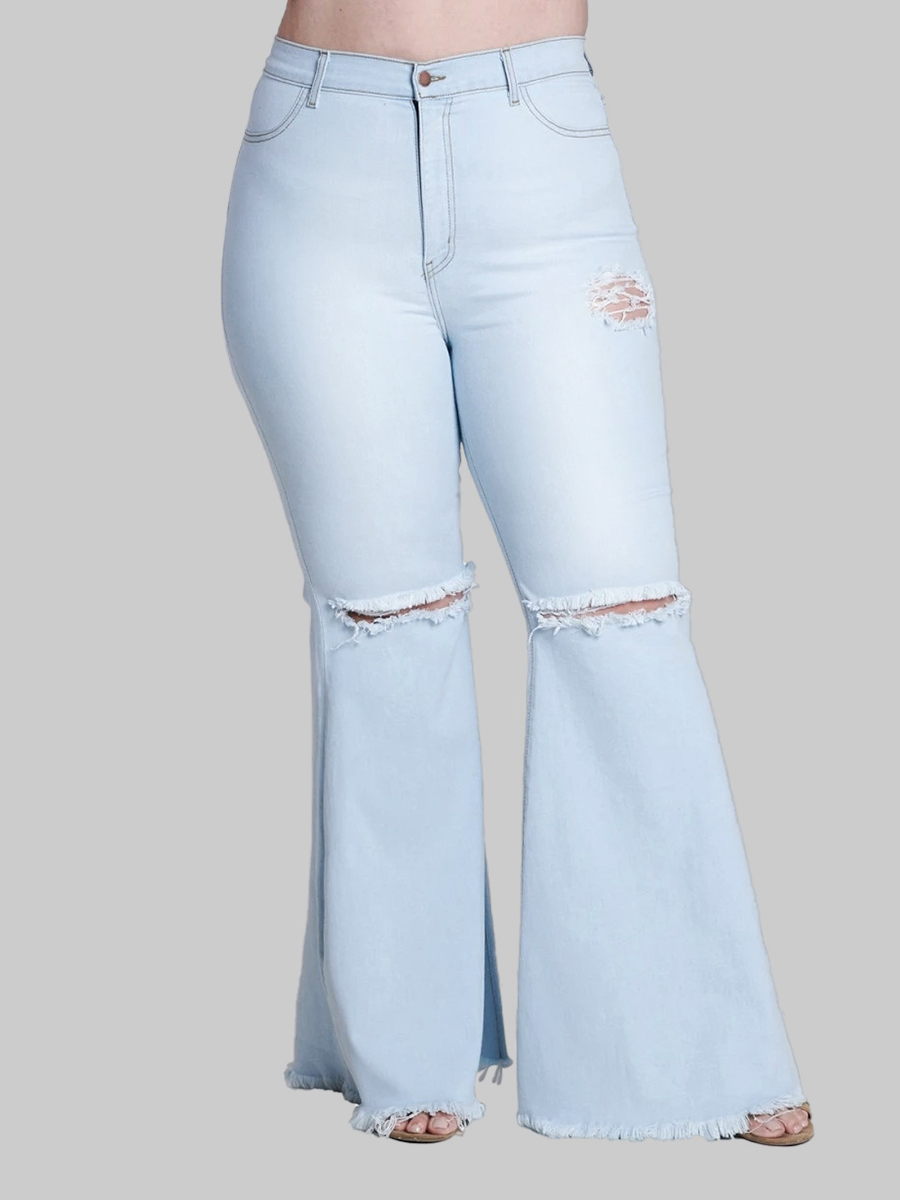 

Lovely Plus Size Street Ripped Flared Baby Blue Jeans
