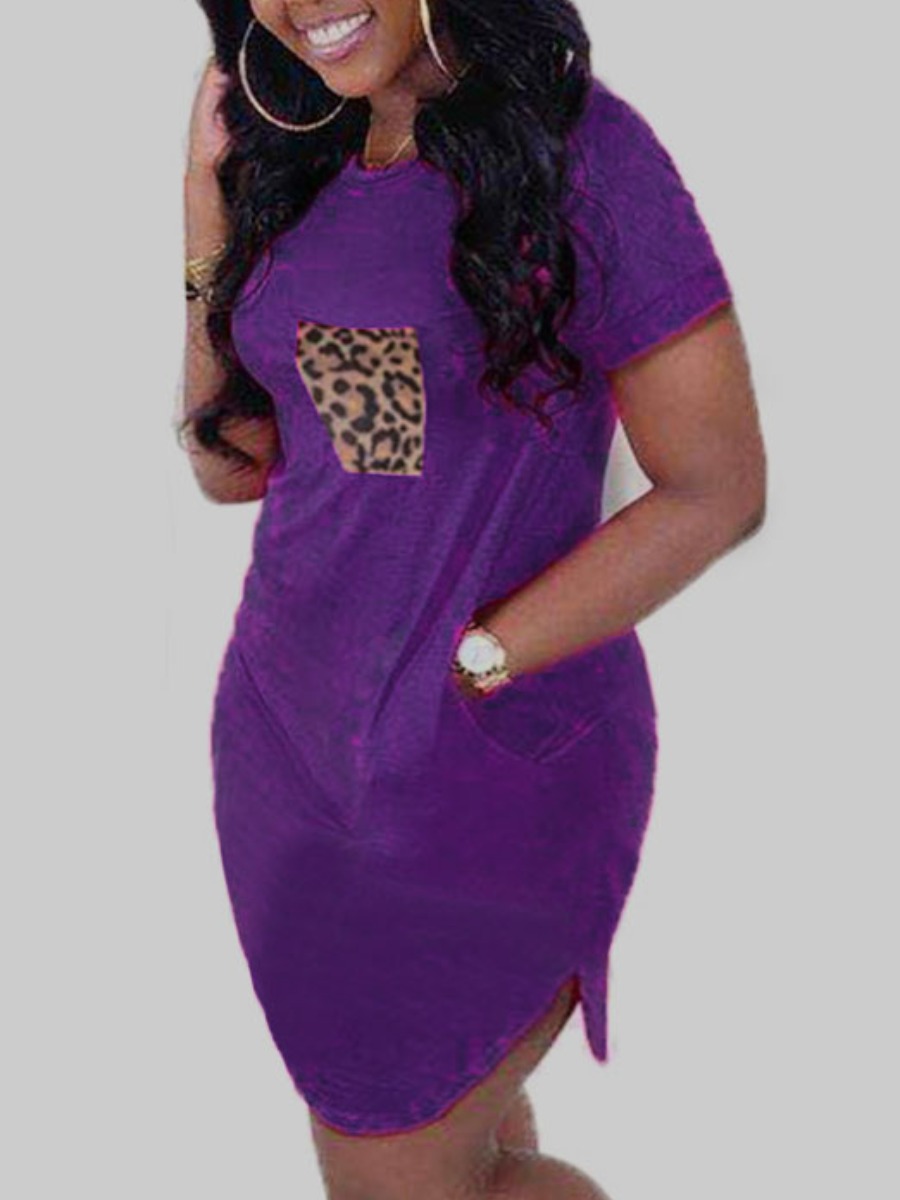 LovelyWholesale Plus Size Casual O Neck Leopard Print Pocket Purple Knee Length Dress Summer Short Sleeve Casual Round Neck  5X Spring Summer 2024
