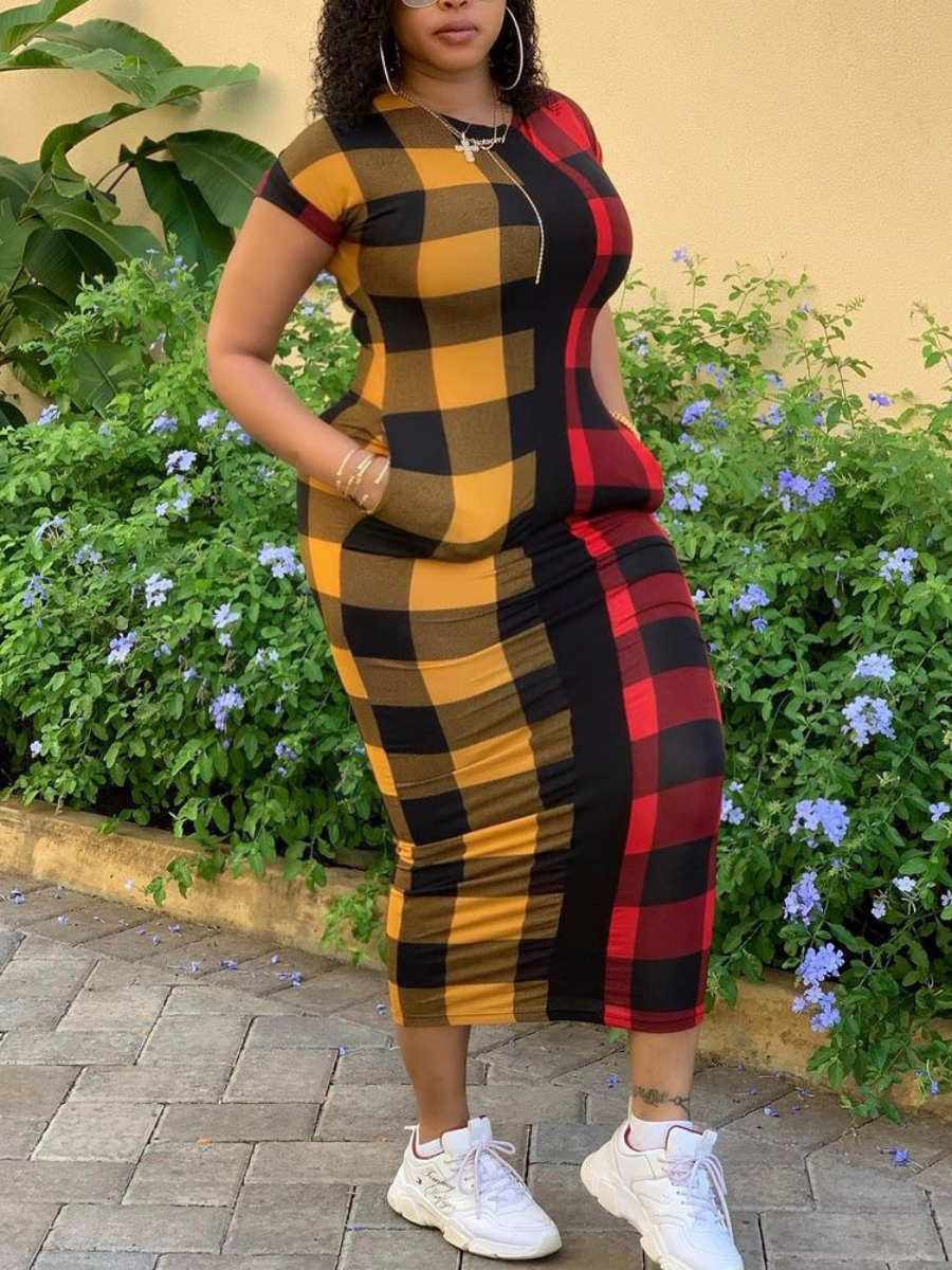 

LW Plus Size Street Plaid Print Patchwork Red Ankle Length Dress