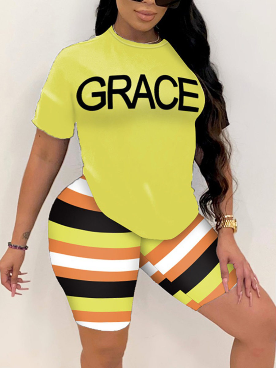 

LW Plus Size Sporty Letter Print Striped Yellow Two-piece Shorts Set