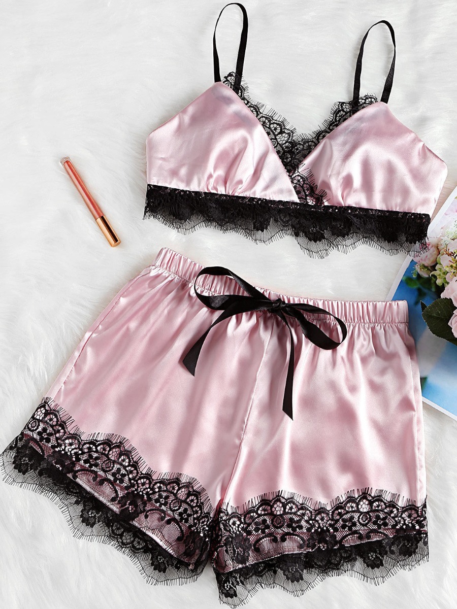 

Lovely Casual Lace Patchwork Bow-tie Decoration Pink Sleepwear