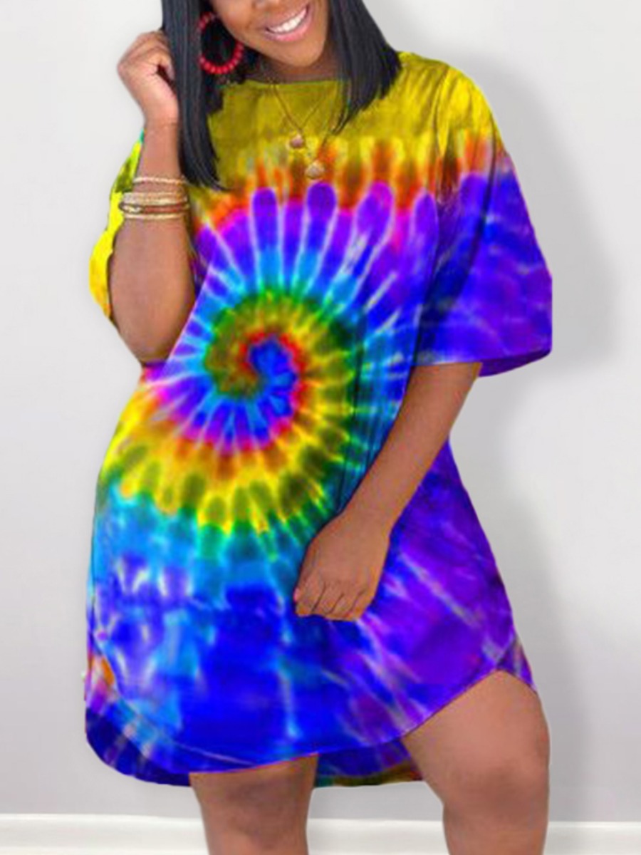 

Lovely Plus Size Street Tie-dye Curved Hem Yellow Knee Length Dress
