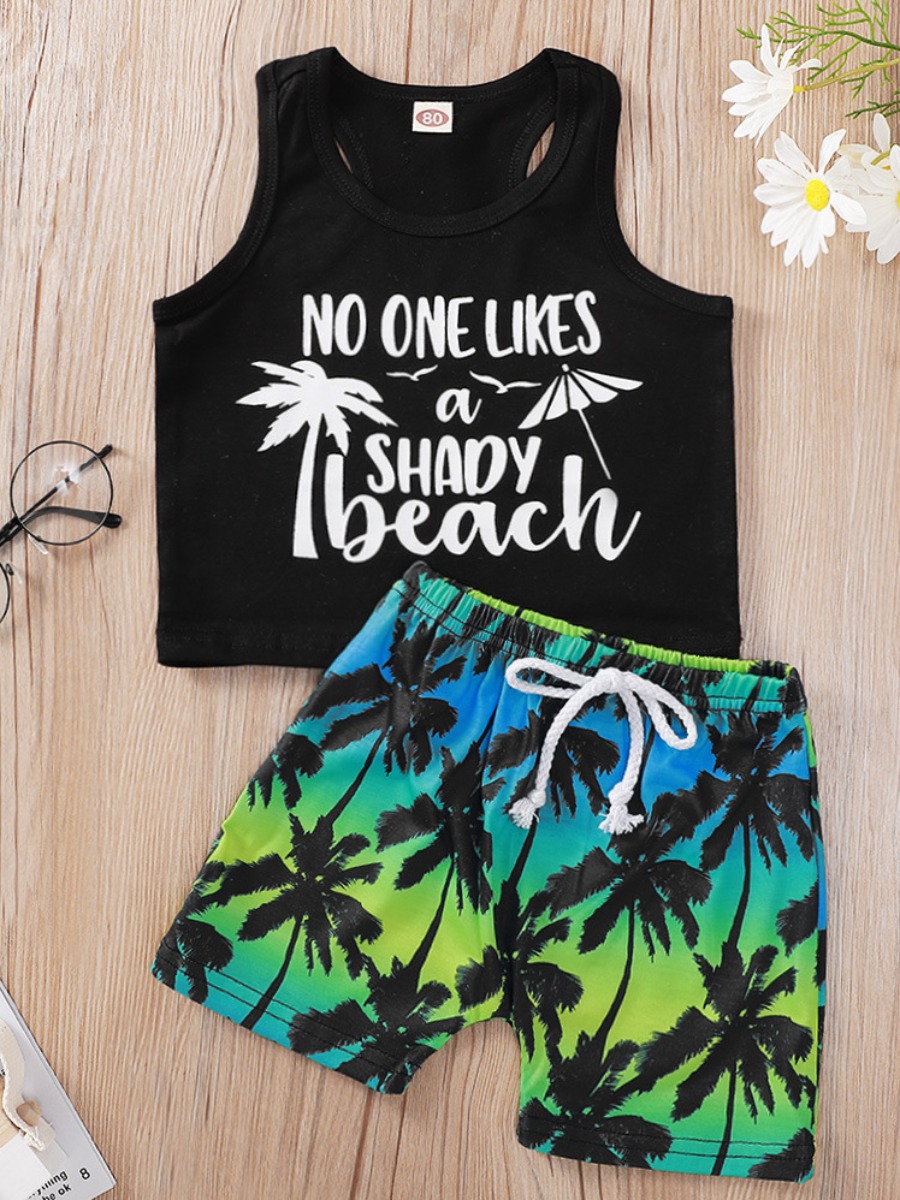 

Lovely Boy Boho Letter Palm Tree Print Black Two Piece Shorts Set