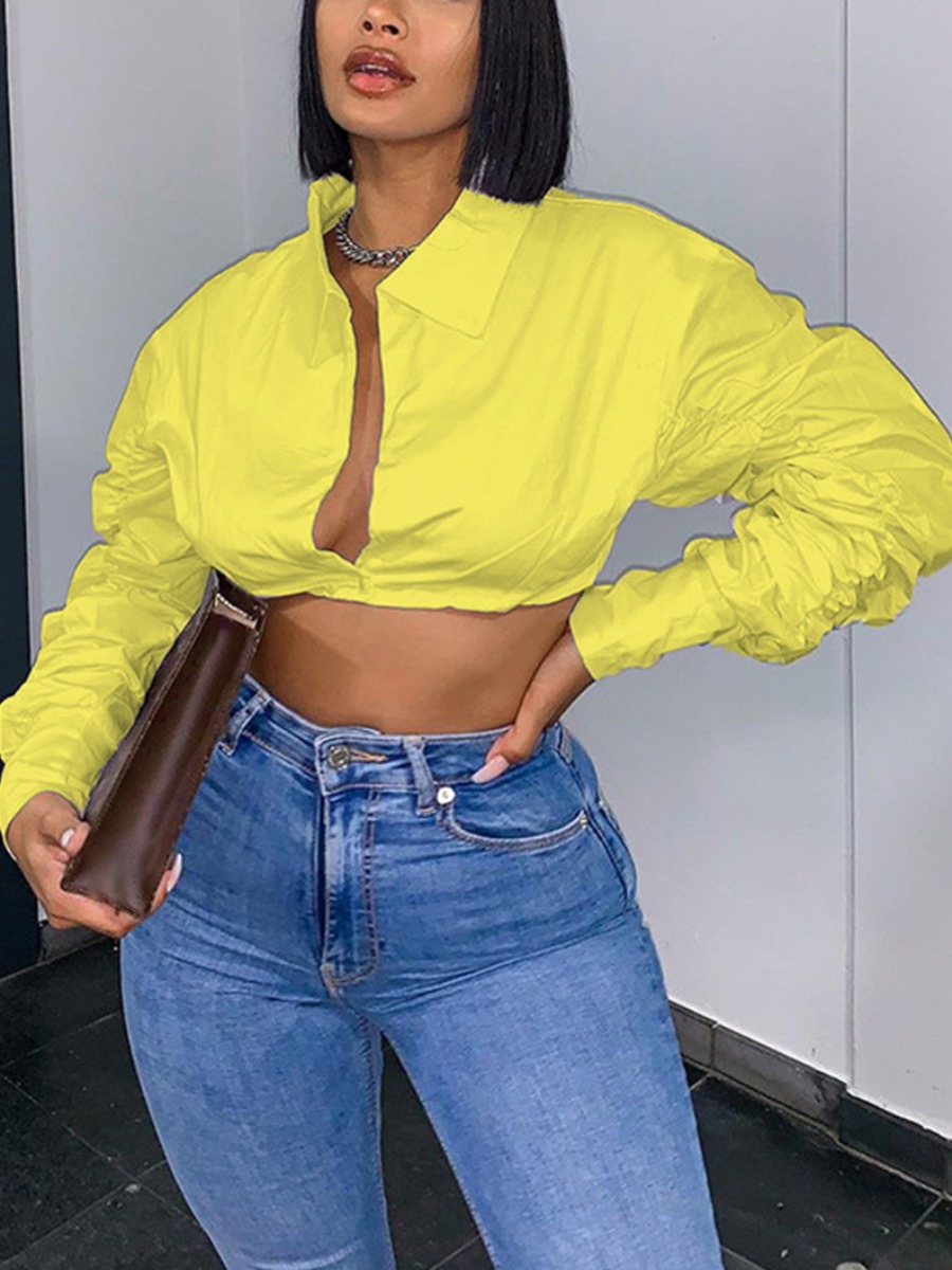 

Lovely Street Turndown Collar Fold Design Yellow Blouse