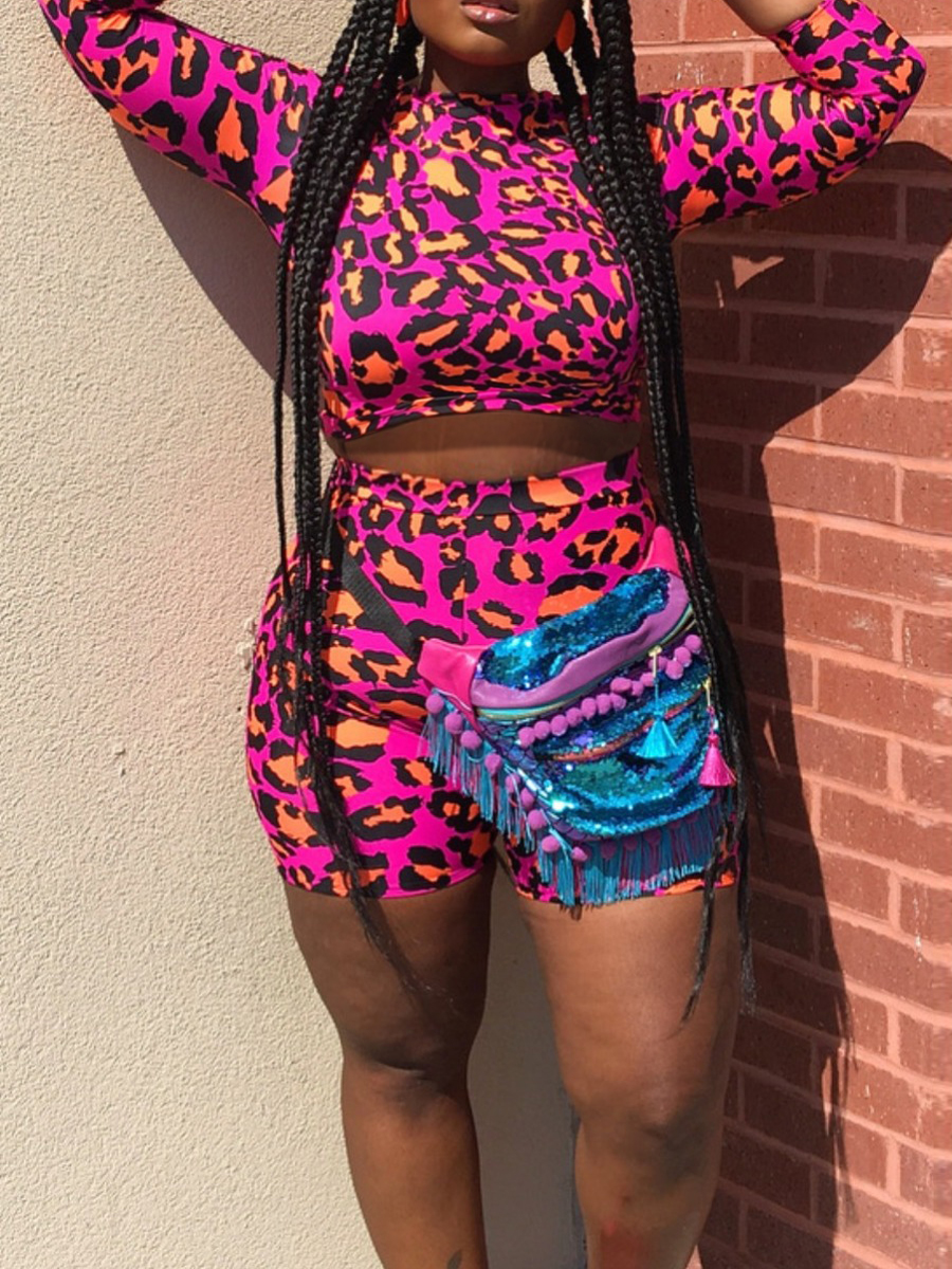 

Lovely Sweet O Neck Leopard Print Rose Two Piece Shorts Set