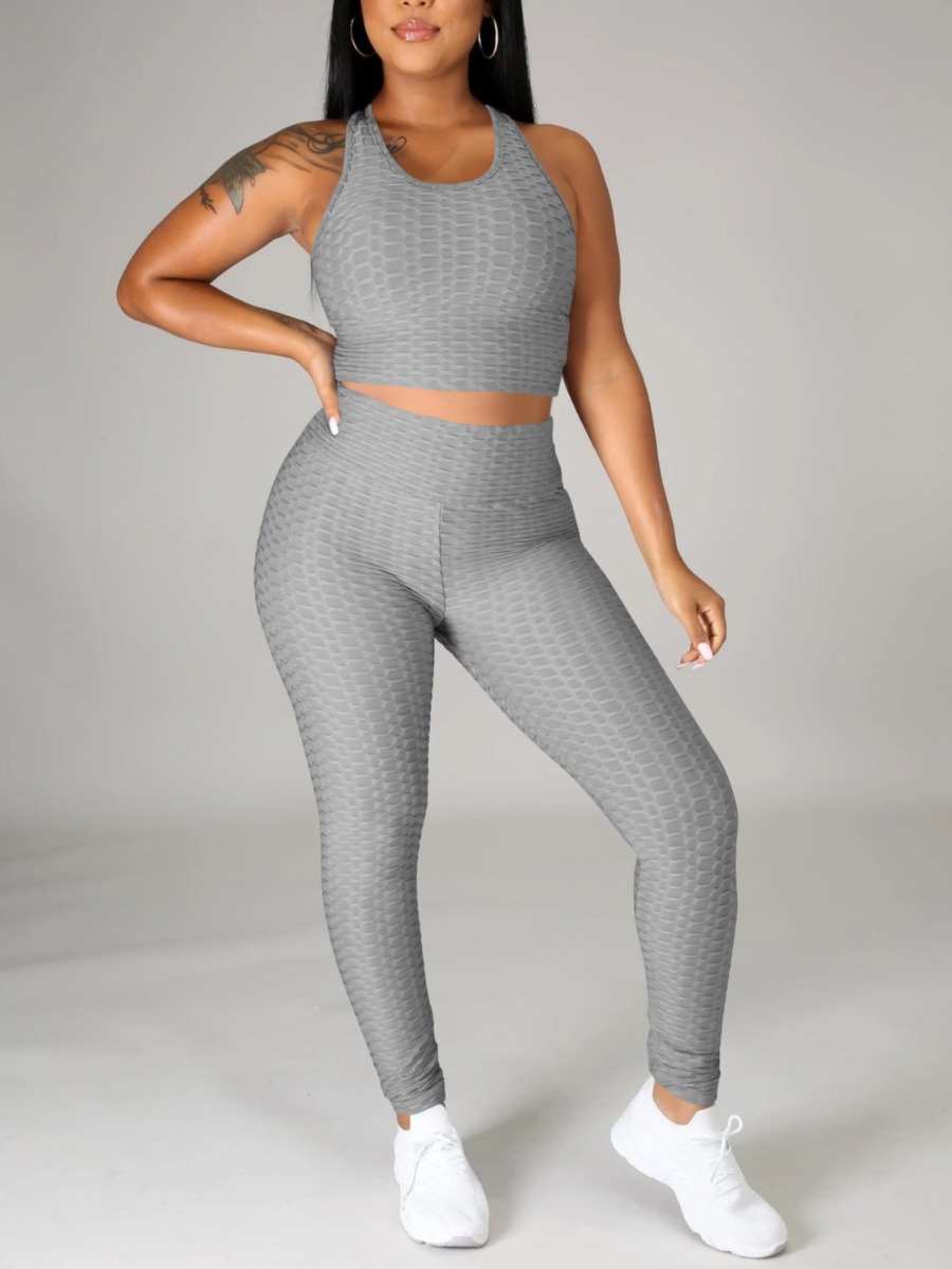 

Lovely Sporty O Neck Basic Skinny Grey Yoga Two Piece Pants Set