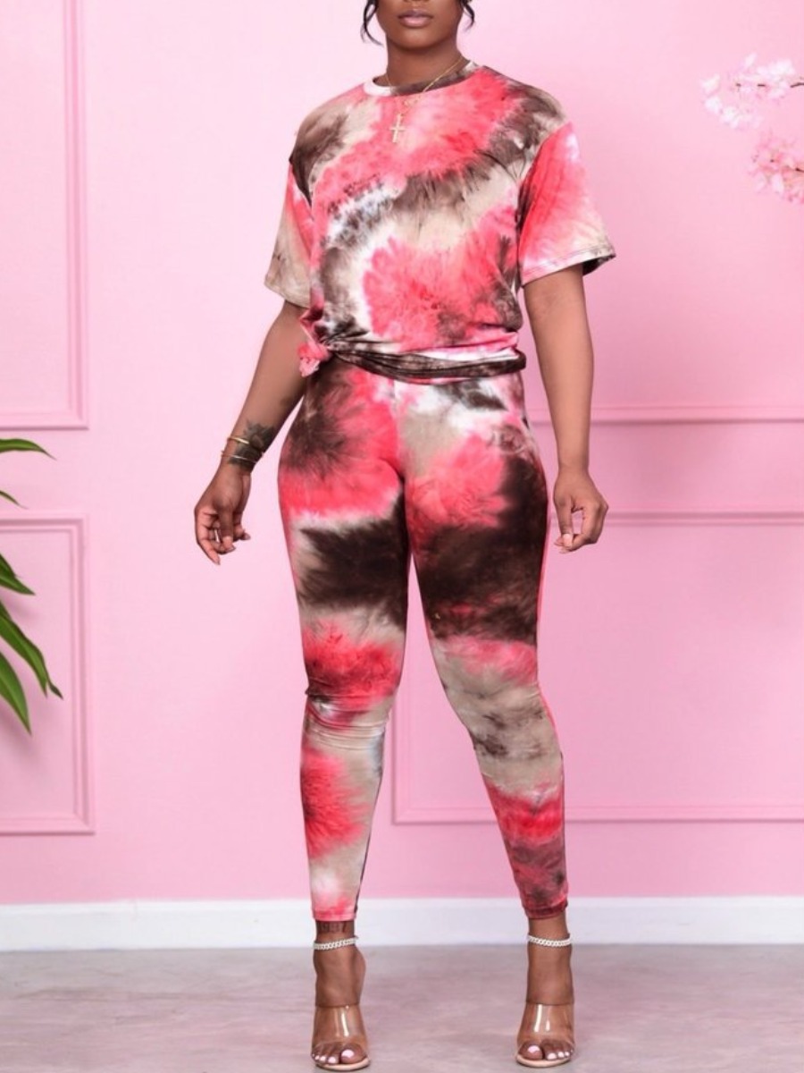

Lovely Casual O Neck Tie Dye Red Two Piece Pants Set