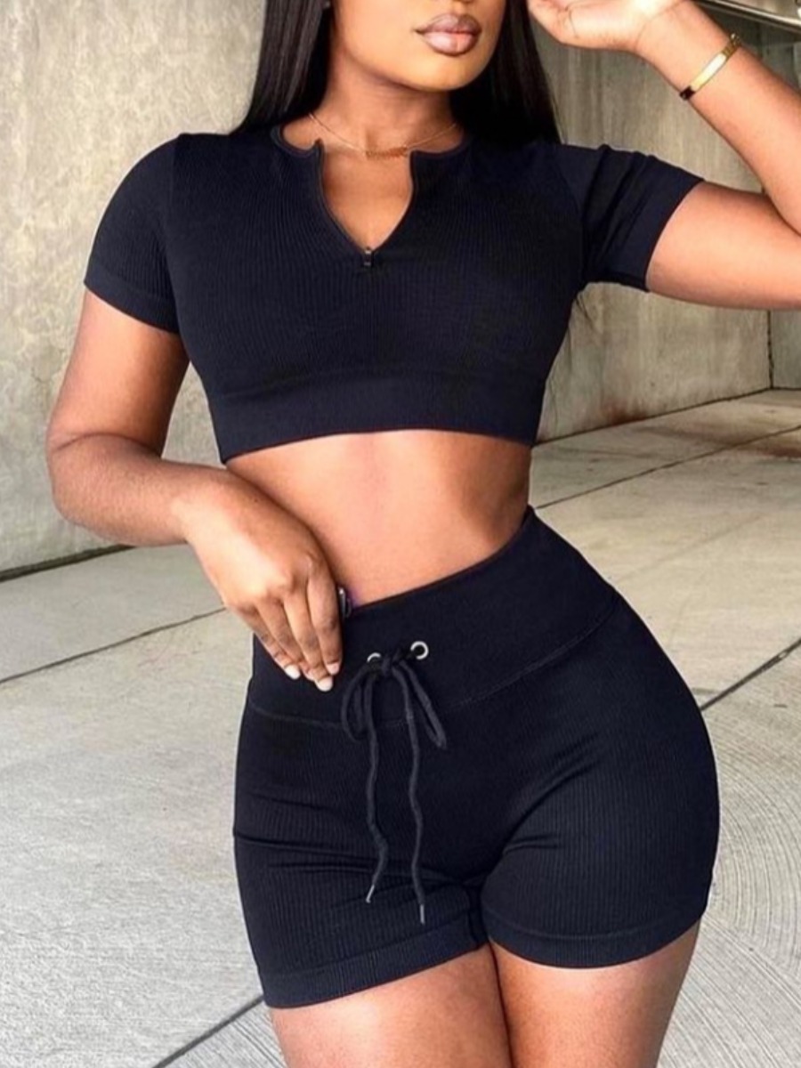 

Lovely Street Rib-Knit Drawstring Black Two Piece Shorts Set