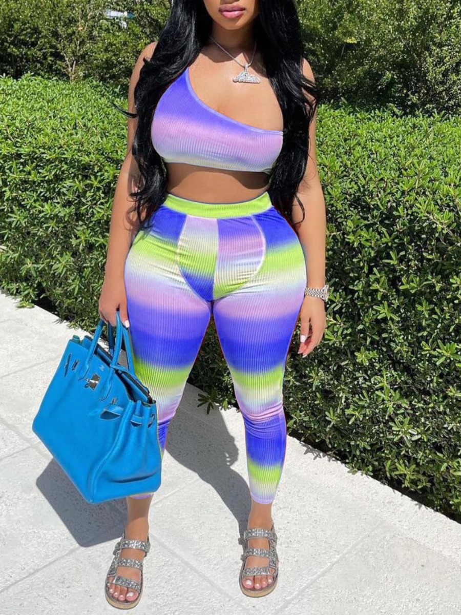 

Lovely Street One Shoulder Gradient Purple Two Piece Pants Set, Blue