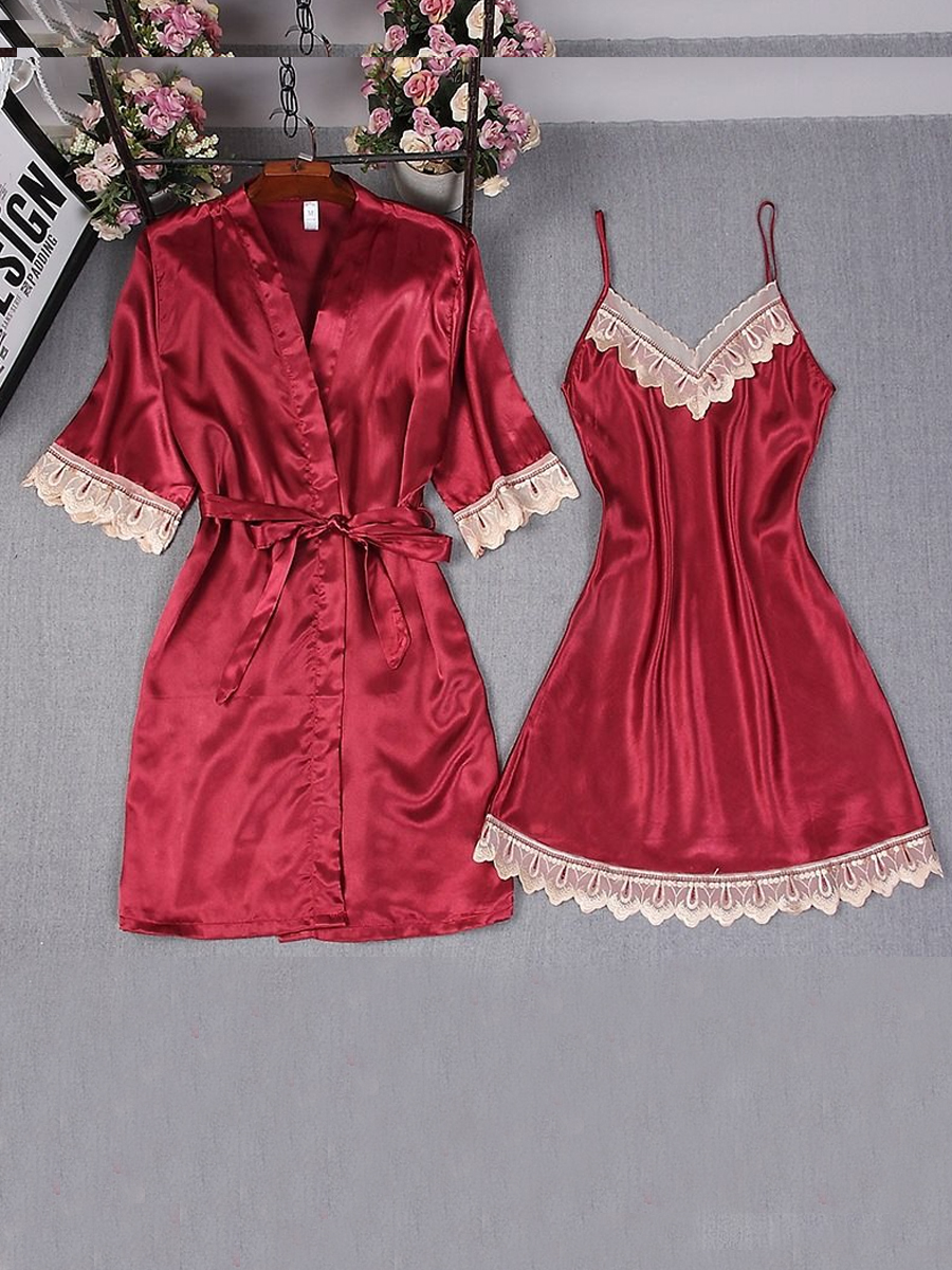 

Lovely Boho Lace Patchwork Cross-over Red Sleepwear