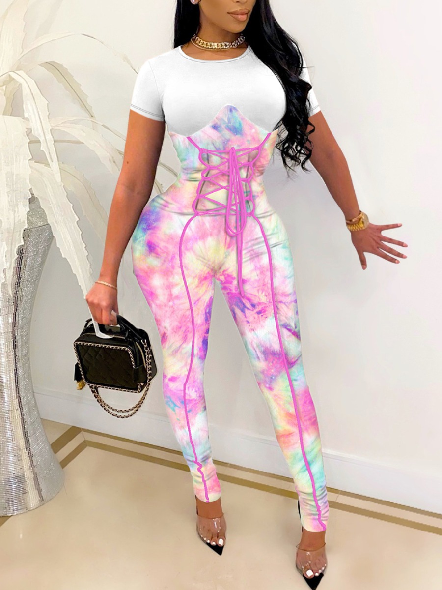 

LW Sweet Tie-dye Bandage Design White One-piece Jumpsuit