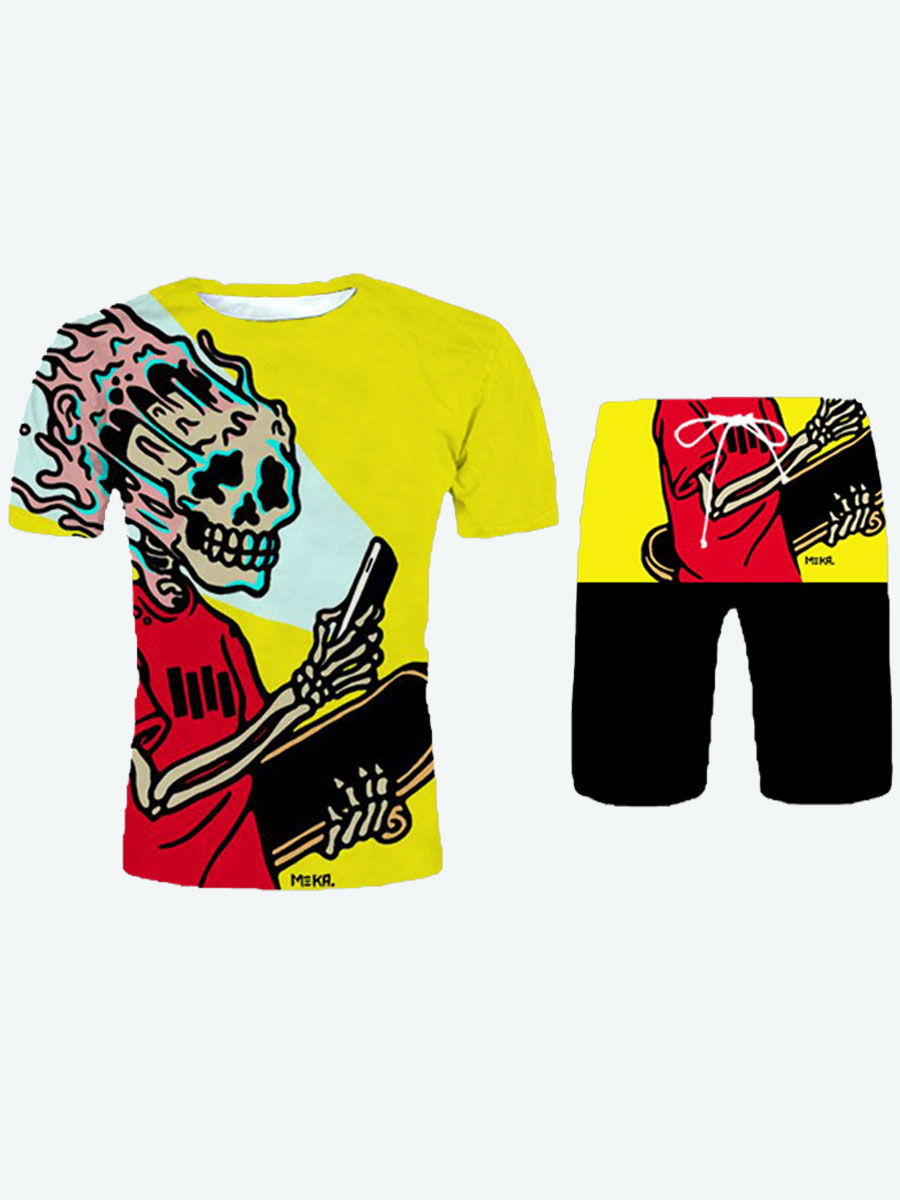 

Lovely Men Street Skeleton Print Drawstring Yellow Two Piece Shorts Set