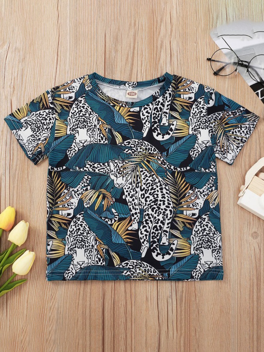 

Lovely Boy Boho Leopard Floral Print Blue T-shirt