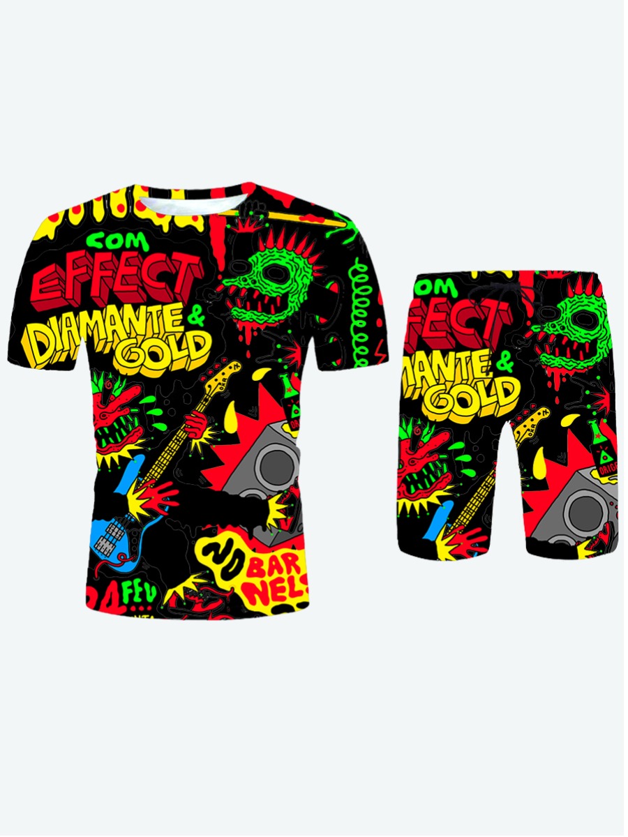 

Lovely Men Street Cartoon Letter Print Black Two Piece Shorts Set