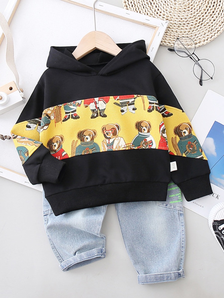 

Lovely Boy Street Hooded Collar Cartoon Print Black Two Piece Pants Set