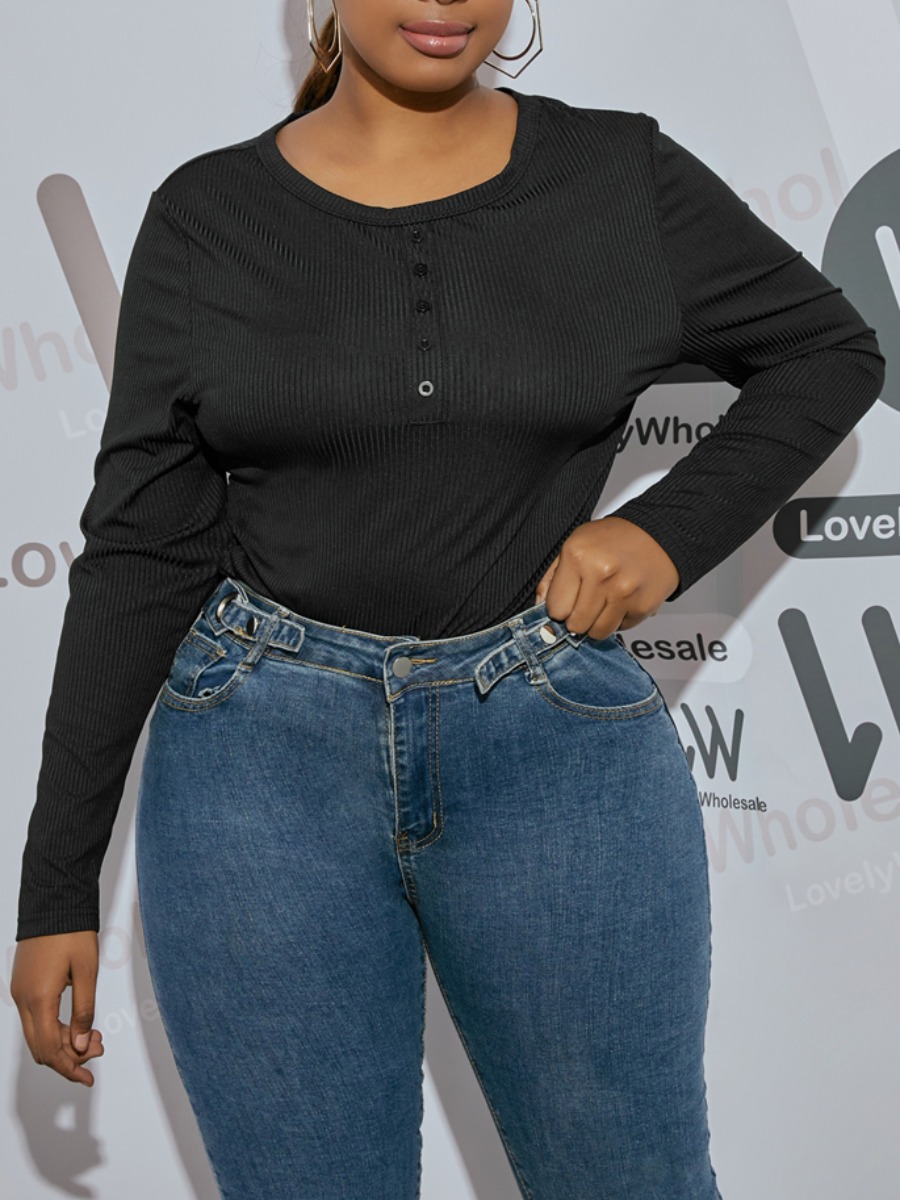 

Lovely Casual Rib-Knit Button Design Black Plus Size T-shirt
