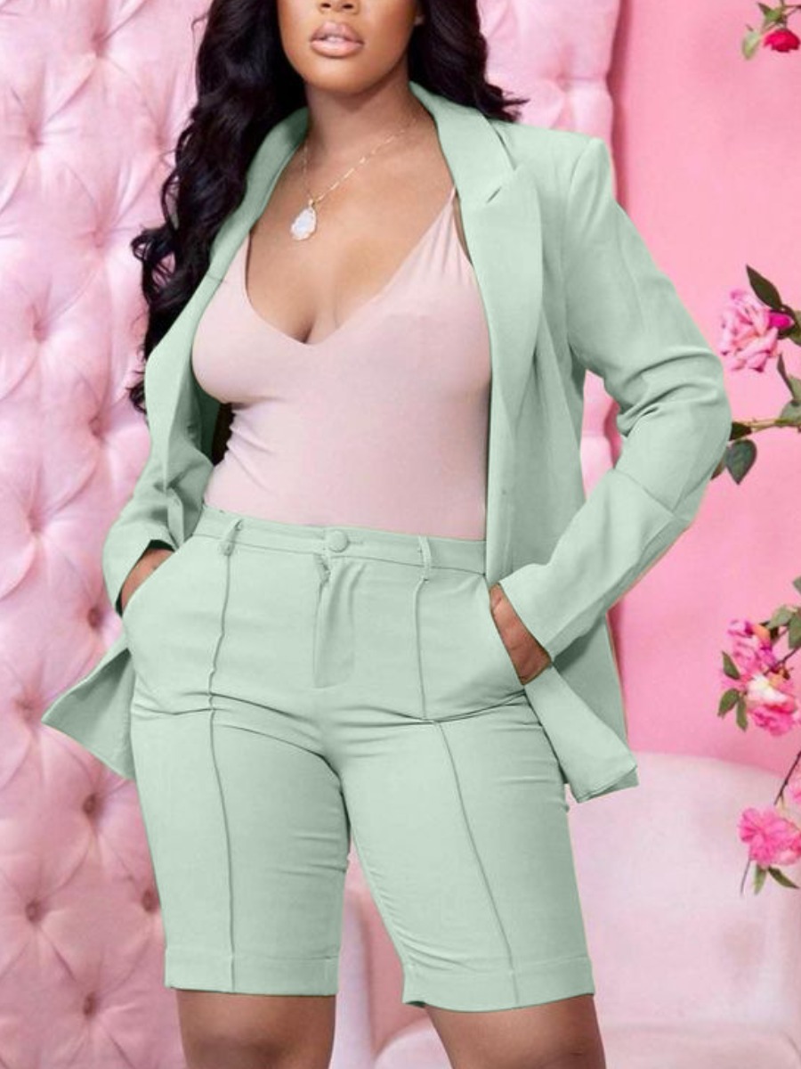 

Lovely Business Turndown Collar Pocket Design Light Green Two Piece Shorts Set(Without Camisole)