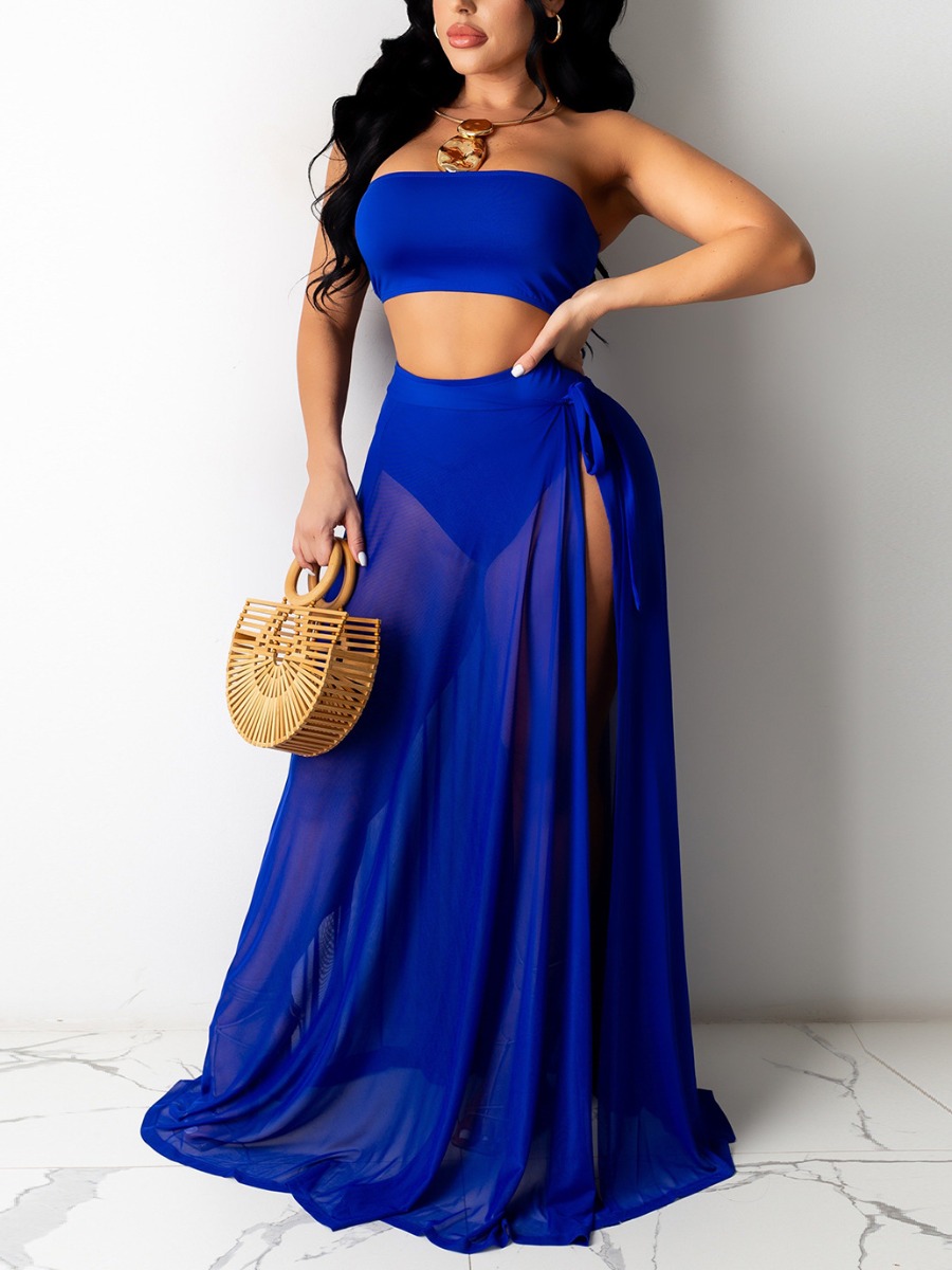 

Lovely Boho Off The Shoulder See-through Split Blue Two Piece Skirt Set