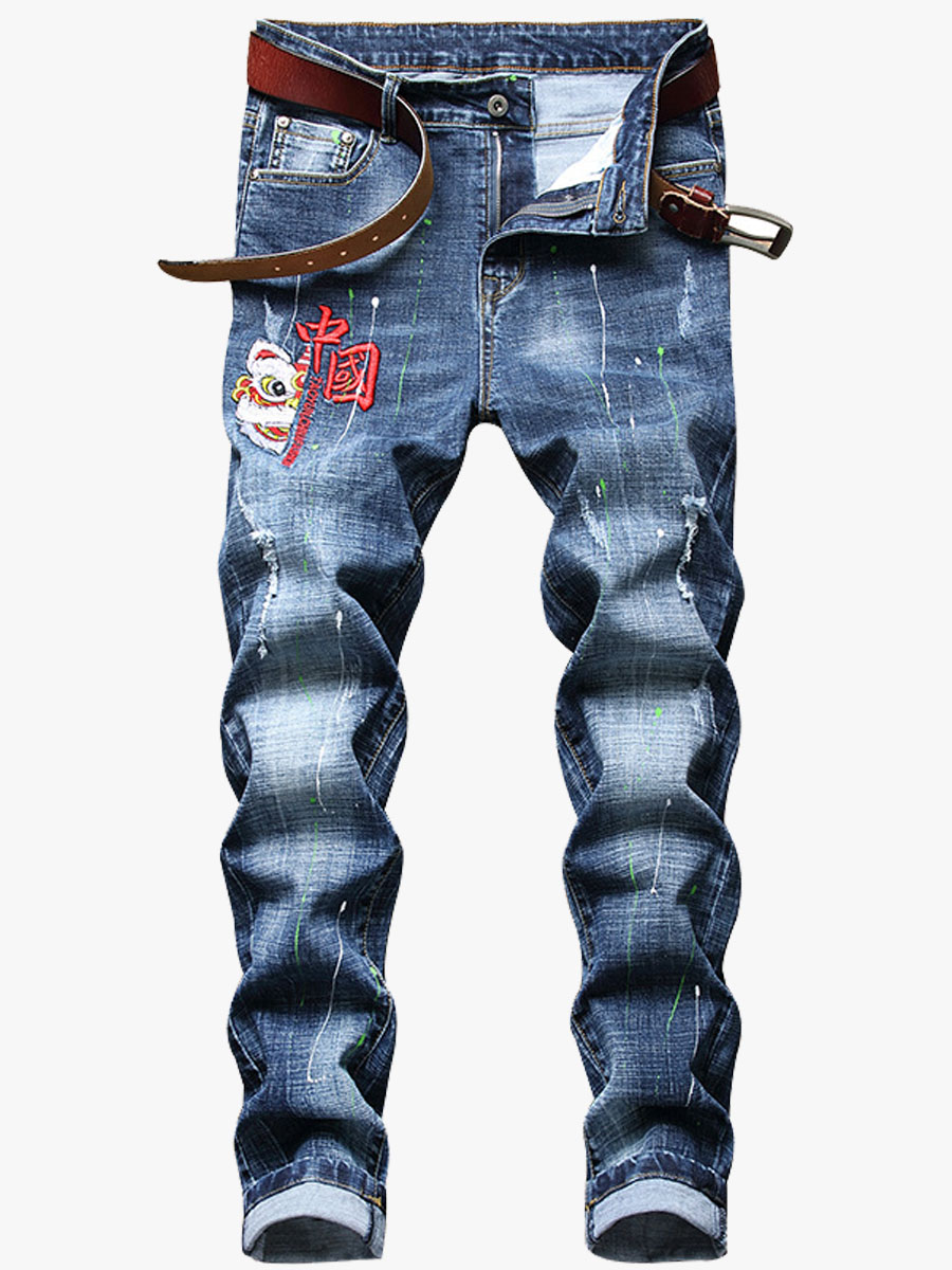 

Lovely Men Casual Mid Waist Chinese Character Decoration Blue Jeans