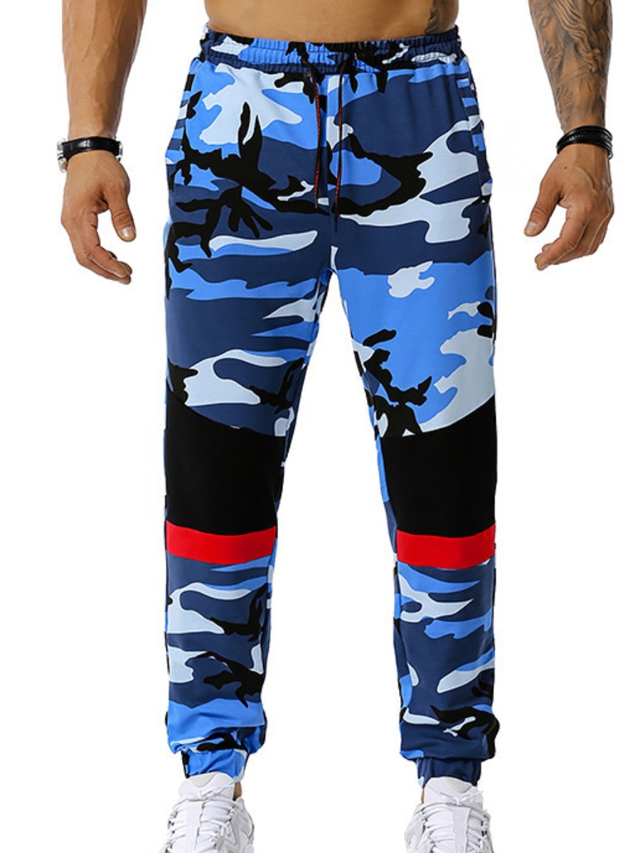 

Lovely Men Street Camo Print Drawstring Blue Pants, Blue camouflage