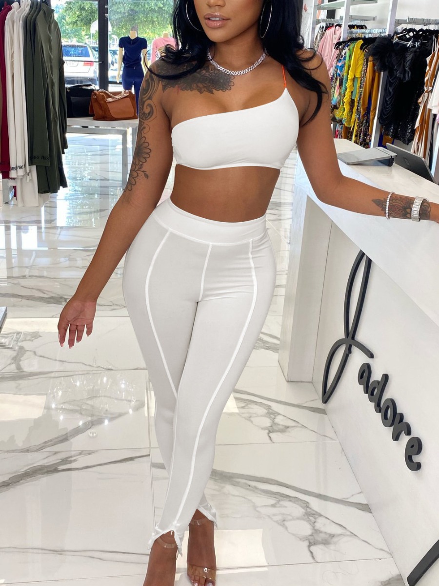 

Lovely Sweet One Shoulder Striped White Two Piece Pants Set