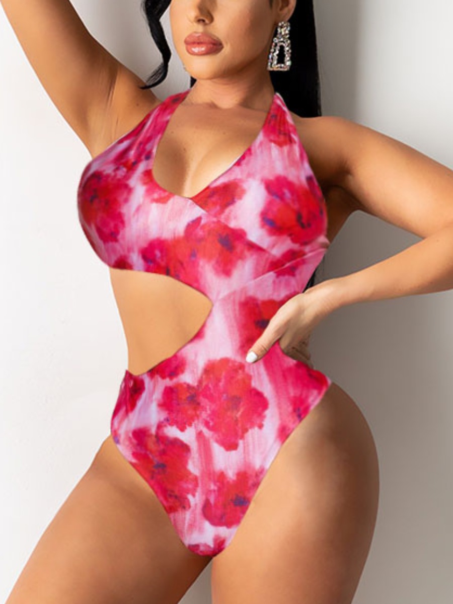 

Lovely Boho Print Hollow-out Rose Red One-piece Swimsuit