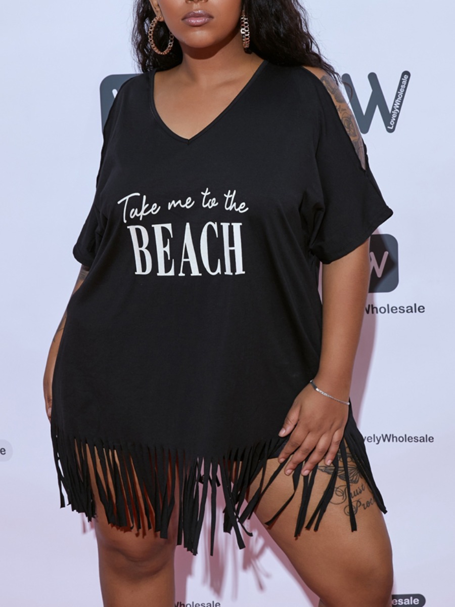 

LW Plus Size Letter Print Tassel Design Cover-up, Black