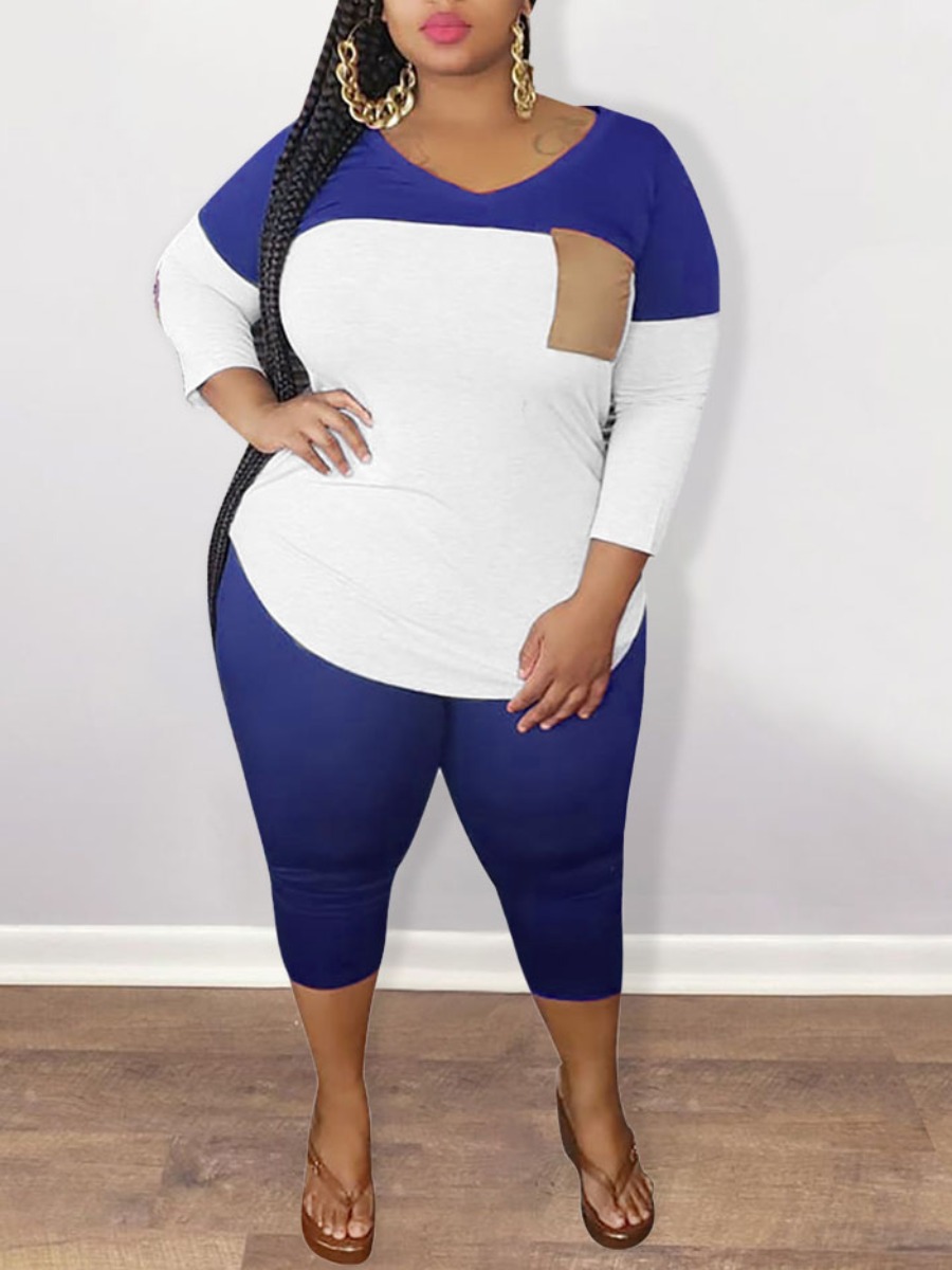 

Lovely Plus Size Casual Color-lump Patchwork Blue Two-piece Pants Set
