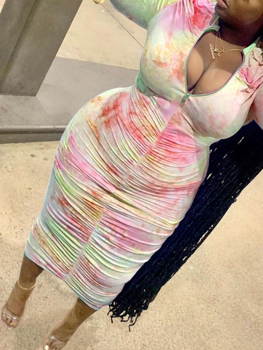 

Lovely Casual Tie-dye Ruched Pink Mid Calf Plus Size Dress