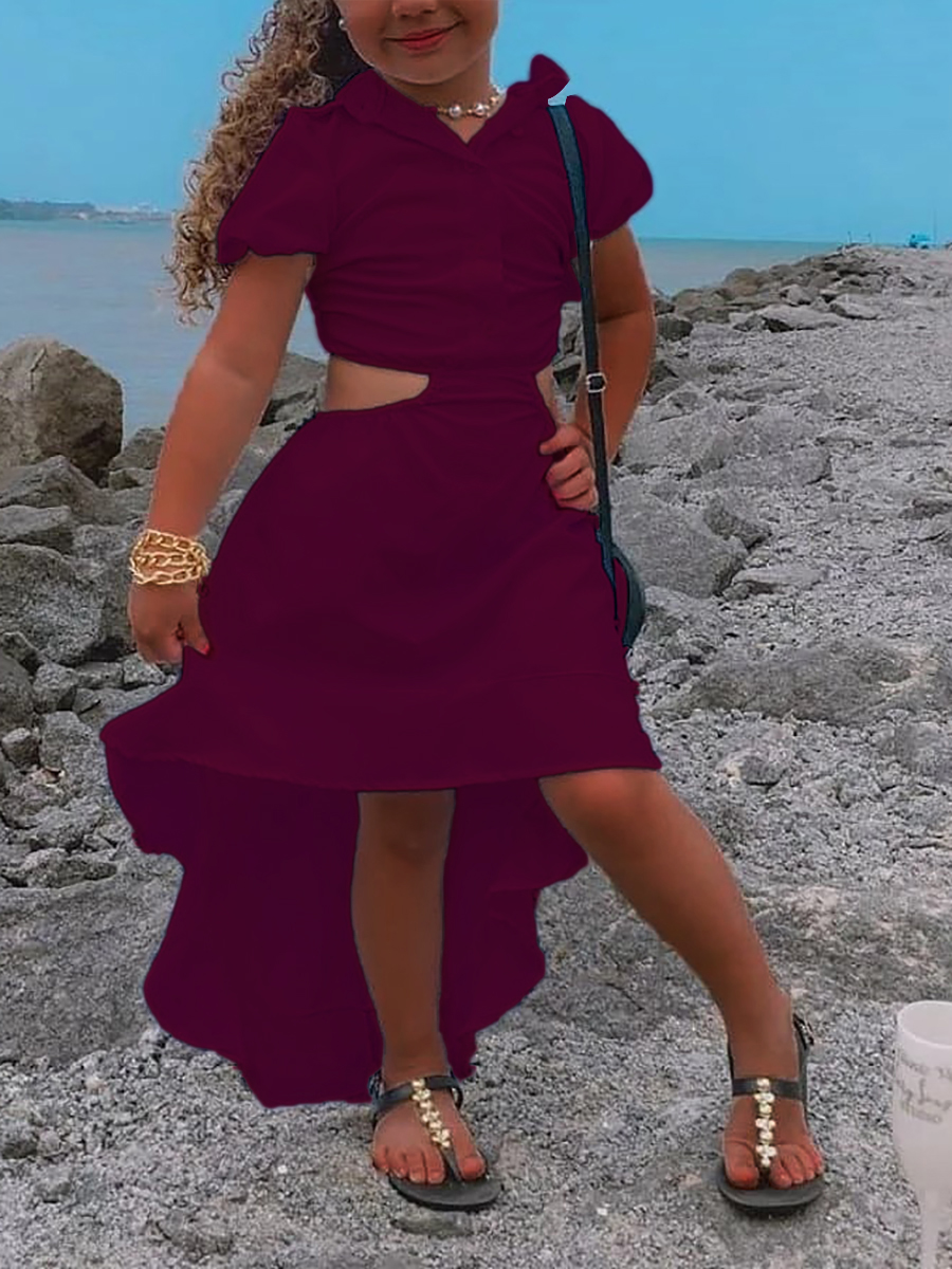 

Lovely Girl Elegant Hollow-out Flounce Design Wine Red Ankle Length Asymmetrical Dress