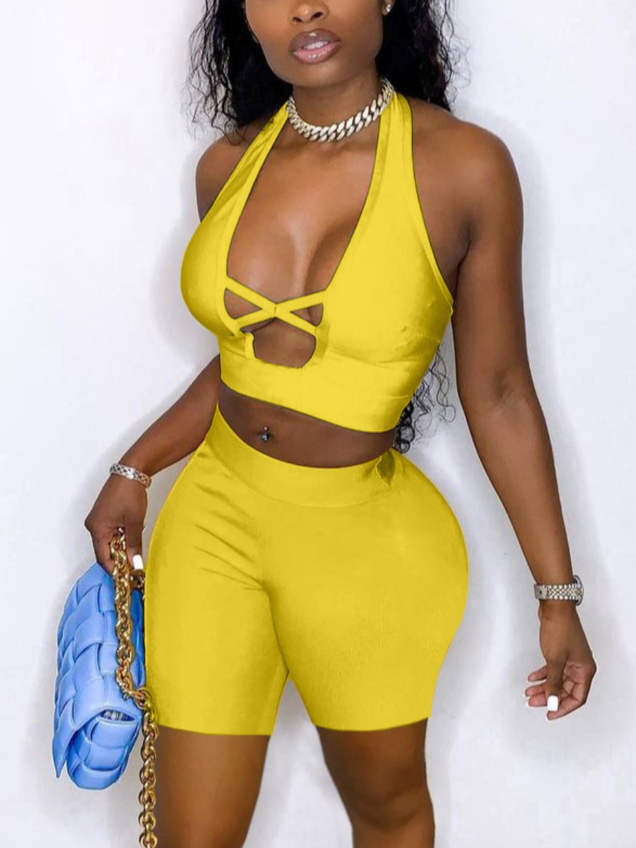 

LW SXY Street Bandage Hollow-out Design Yellow Two Piece Shorts Set