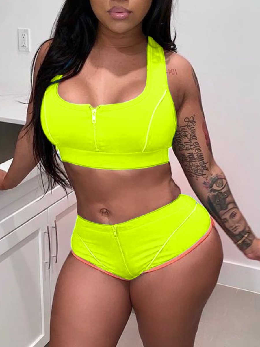 

Lovely Sporty U Neck Zipper Design Green Two Piece Shorts Set