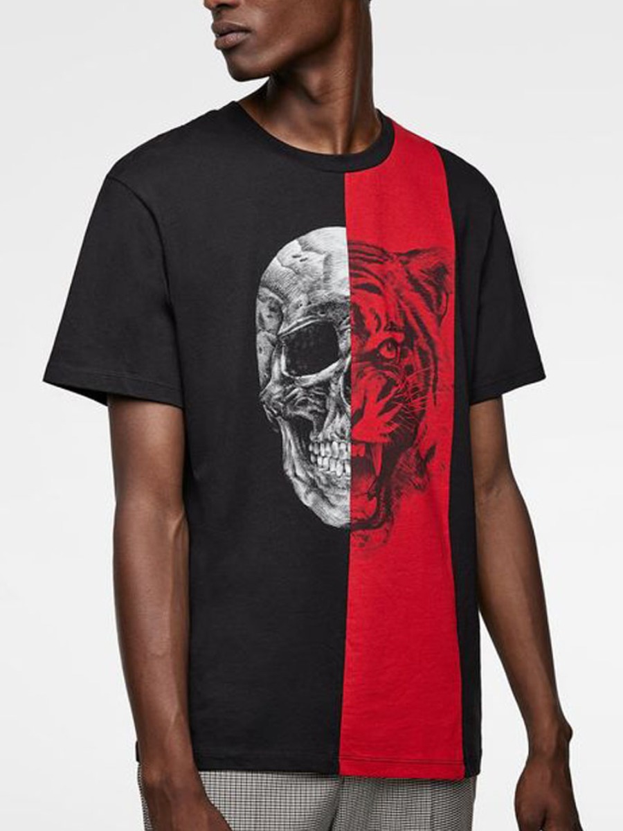 

Lovely Men Casual Skull Head Print Patchwork Black T-shirt