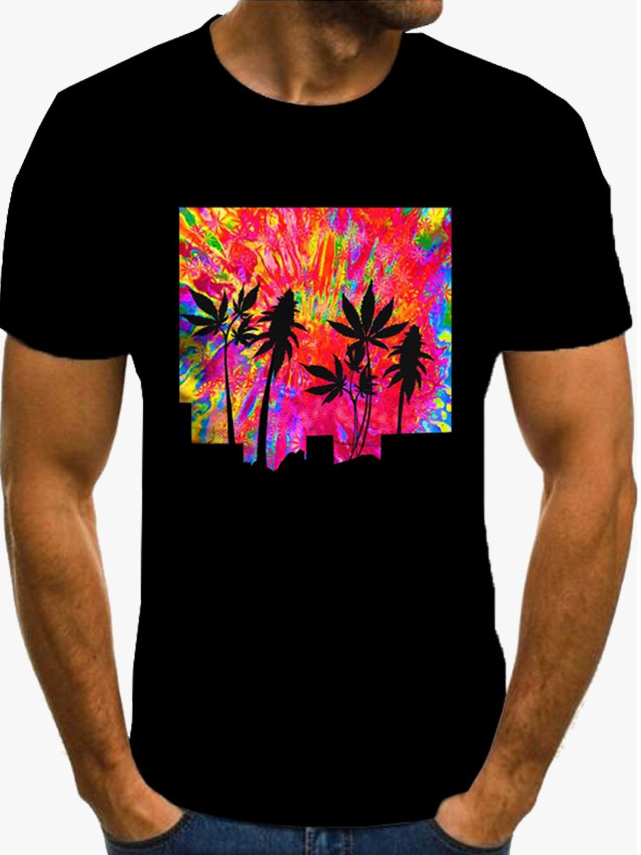 

Lovely Men Casual Palm Tree Print Patchwork Black T-shirt