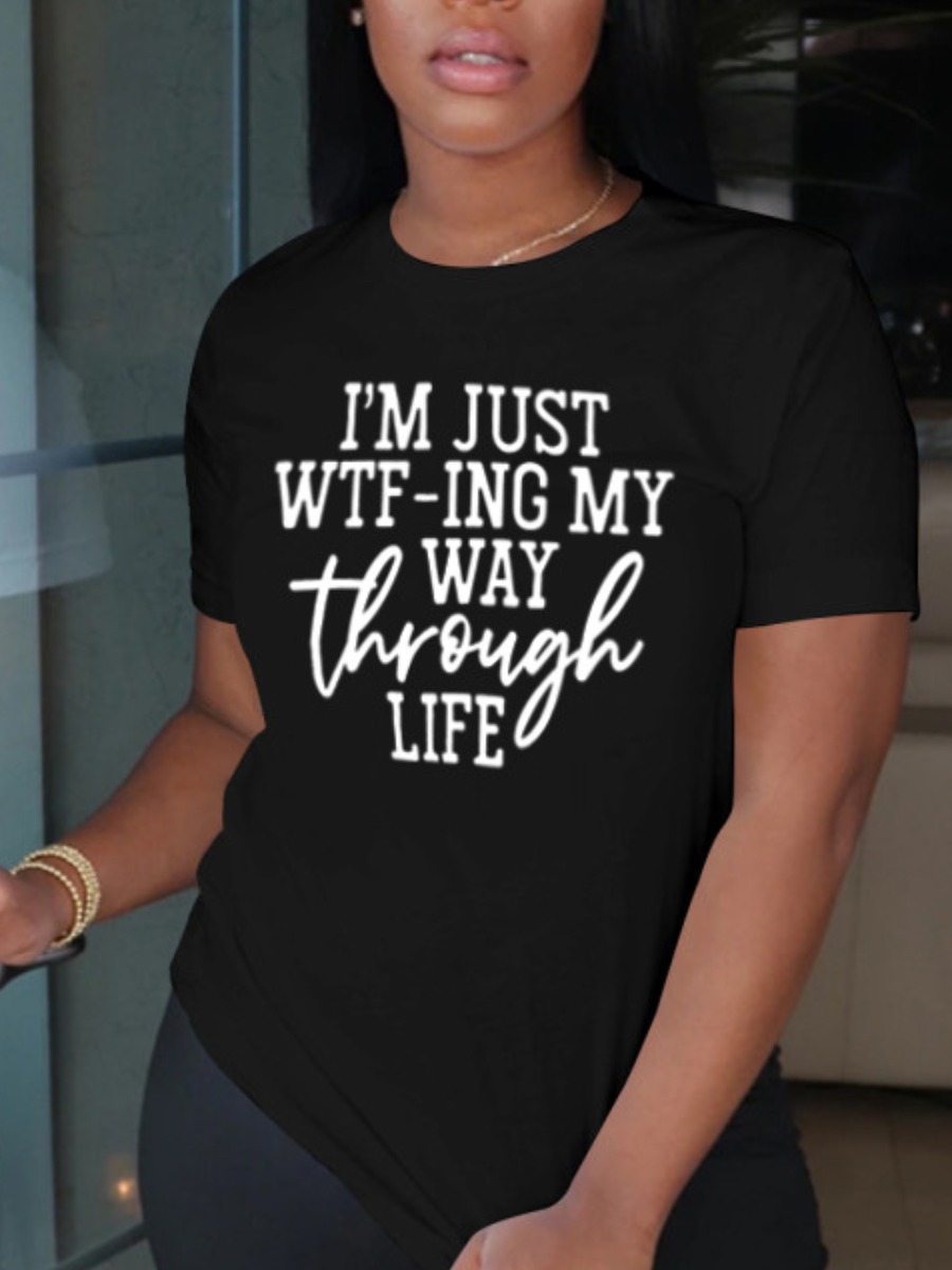 

Lovely Plus Size Casual O Neck Letter Print Black T-shirt