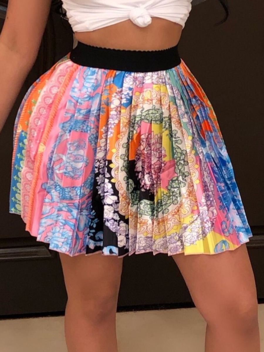 

Lovely Sweet Print Pleated Multicolor Mini A Line Skirt, Multi