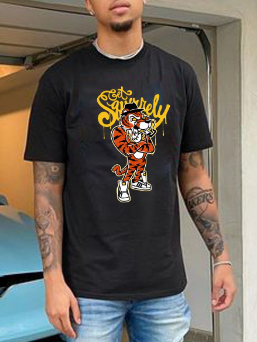 

Lovely Men Casual Cartoon Letter Print Black T-shirt