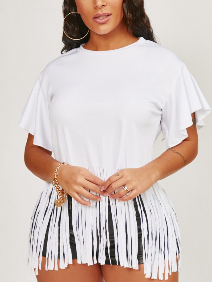 

Lovely Casual O Neck Tassel Design White T-shirt