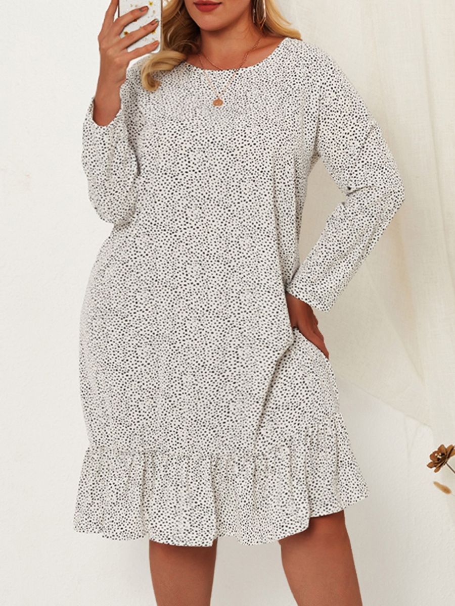 

Lovely Casual Dot Print Flounce Design White Knee Length Plus Size Dress