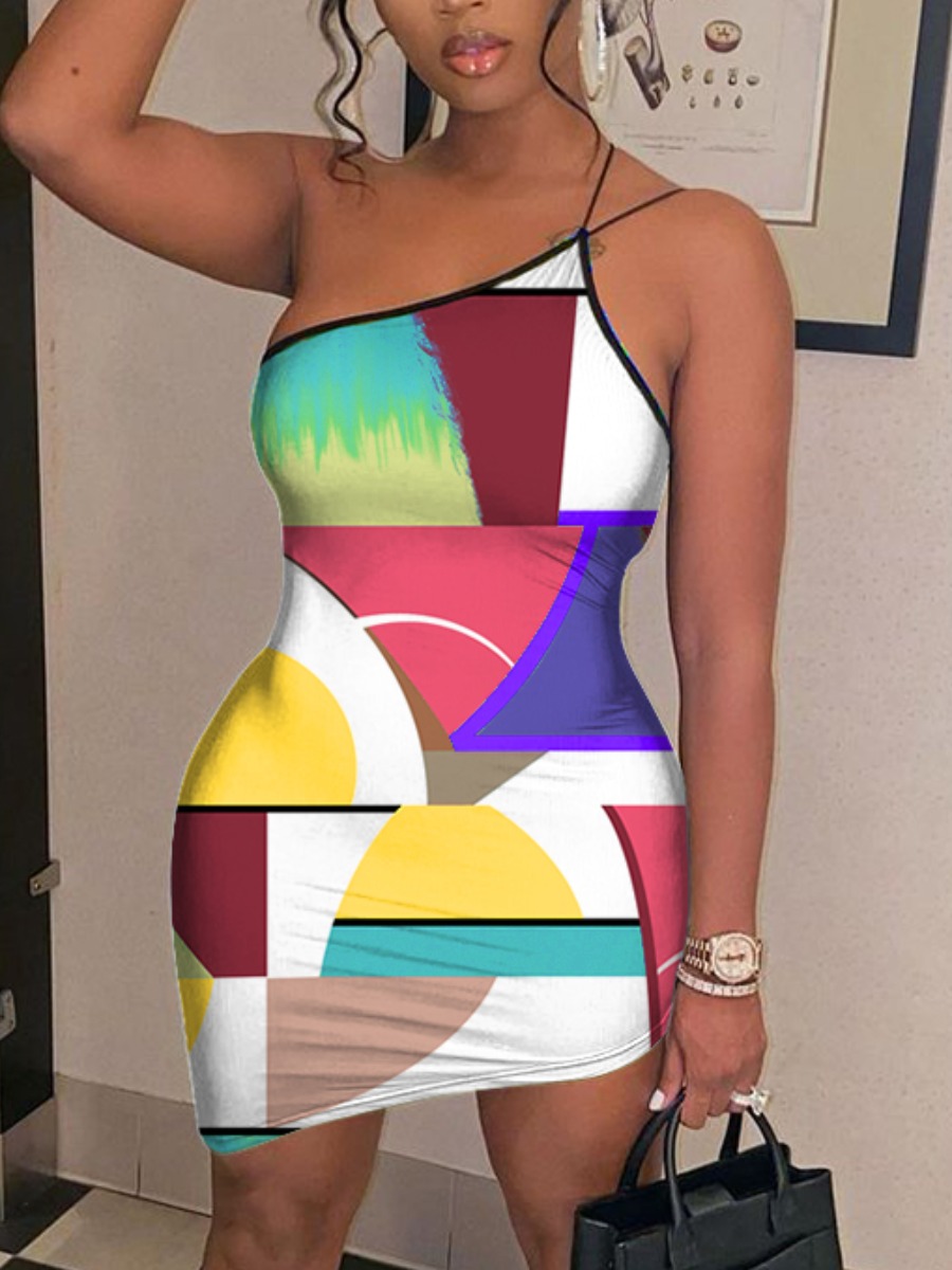 

Lovely Sweet Off The Shoulder Color-lump Multicolor Mini Dress, Multi