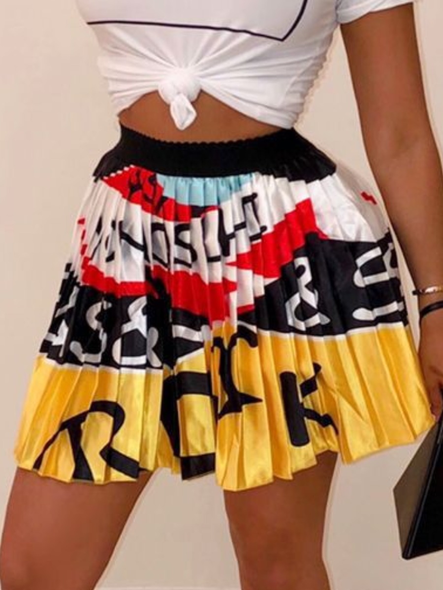 

LW Sweet Letter Print Pleated Yellow Mini A Line Skirt
