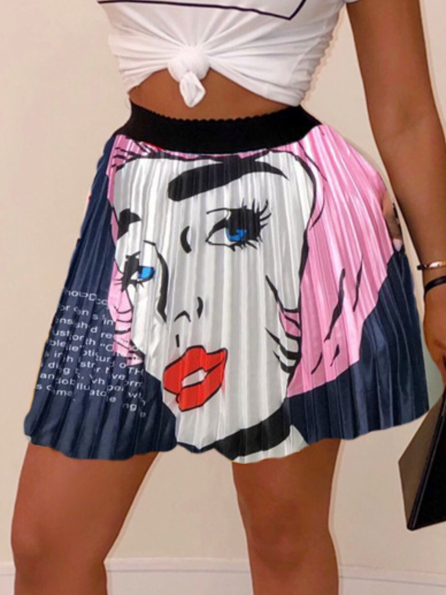 

LW Sweet Face Print Pleated Blue Mini A Line Skirt